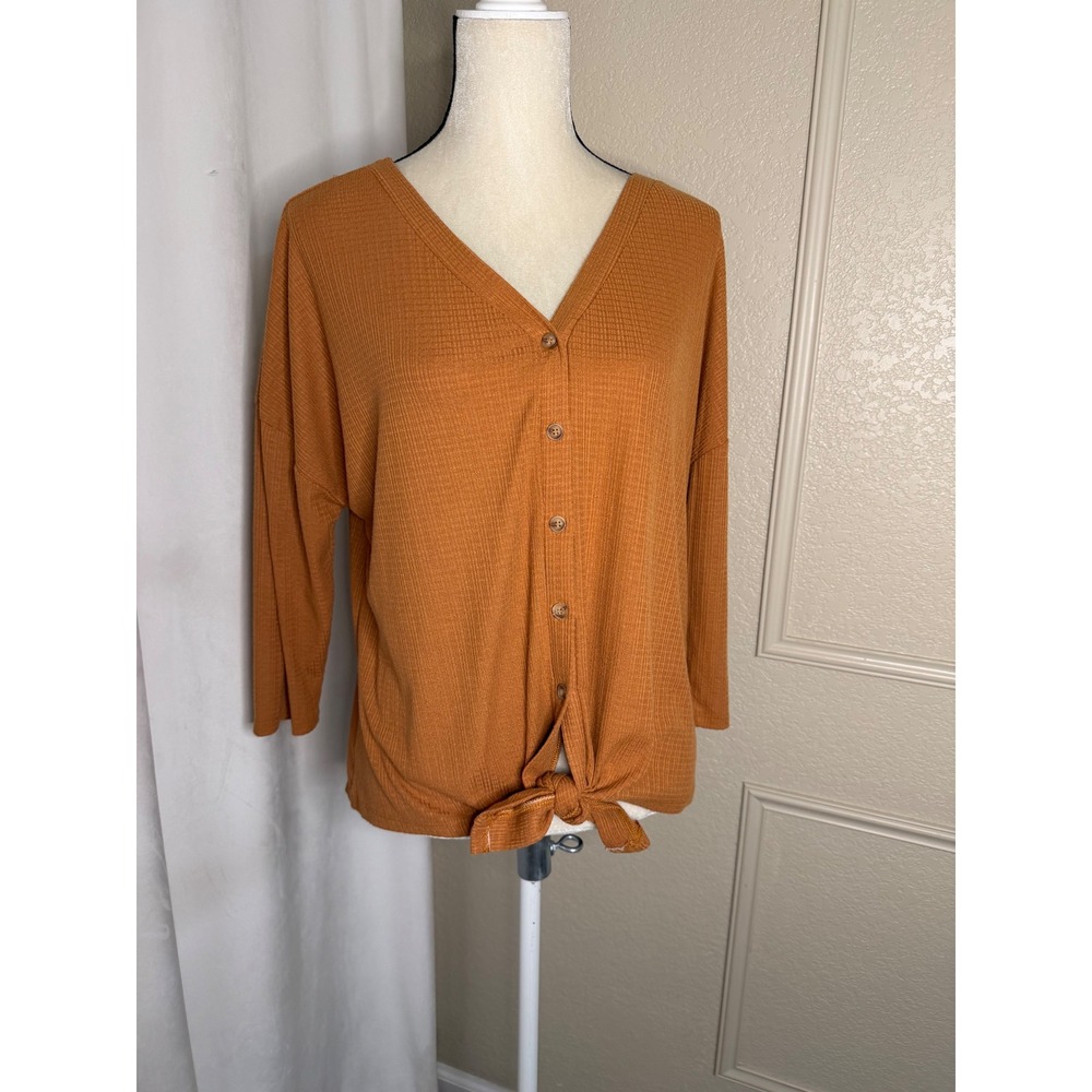 Above and Beyond Waffle Knit Tie Front Button Up Top Petite L